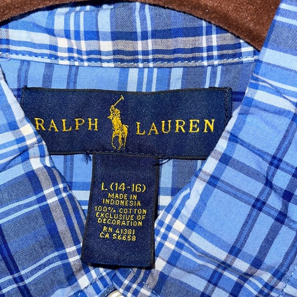 Ralph Lauren Boys Large 14-16 long sleeve button down shirt. Blue plaid. - Picture 4 of 5